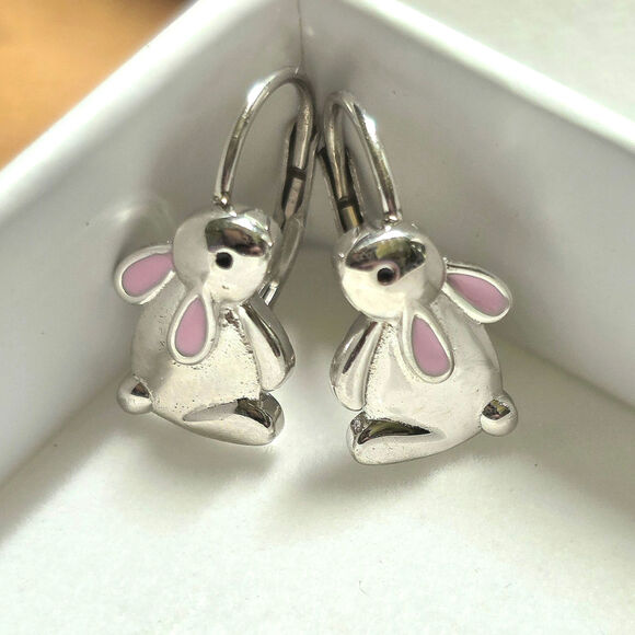 Sterling Silver 925 Easter Bunny Leverback Earrings Pink Enamel Ears Rabbit - Picture 6 of 11
